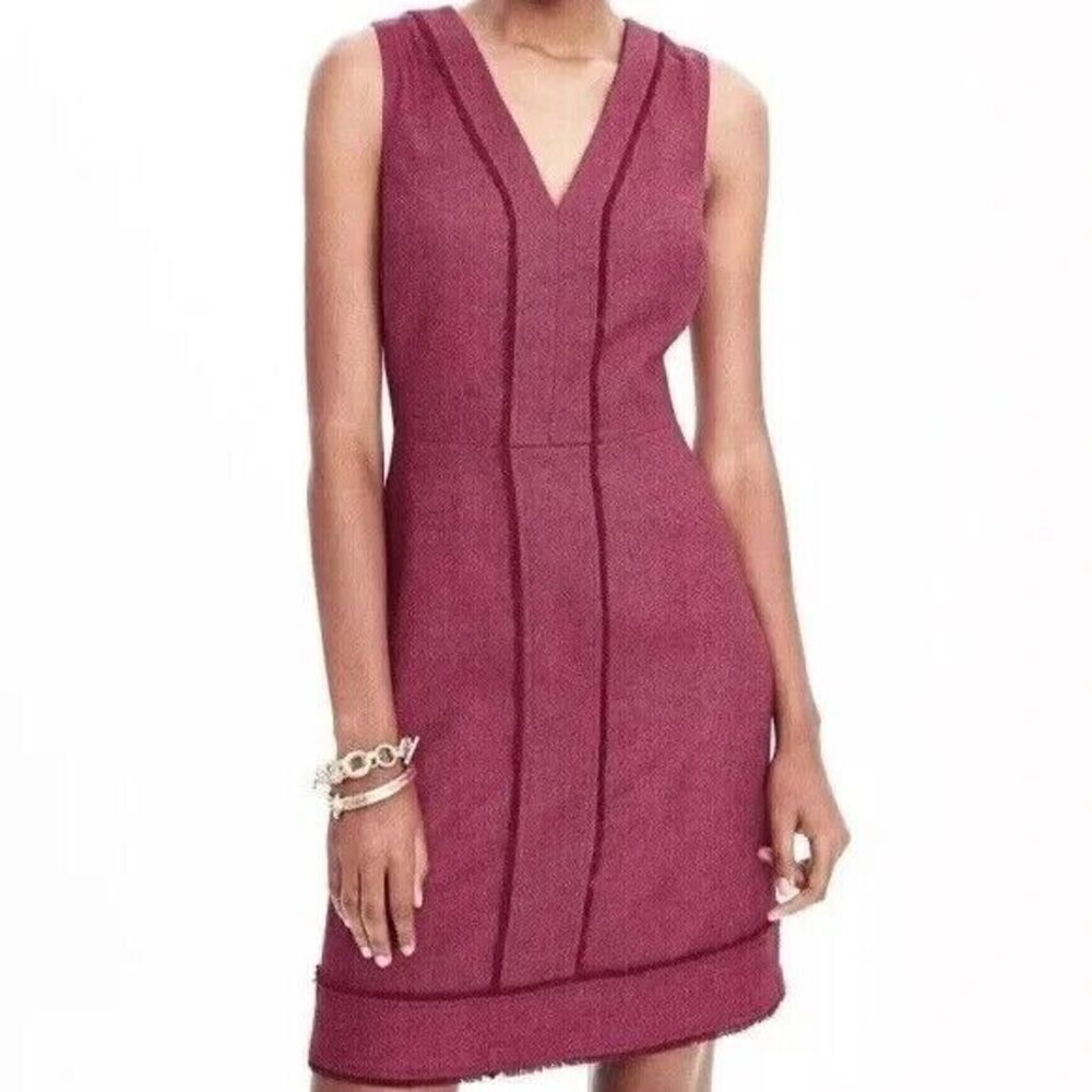 Banana Republic Sheath Dress 16 Wine Red Herringbone V Neck Fringe Wool Blend